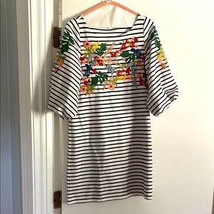 Gianni Bini Black and White Striped Floral Embroidered Shift Dress